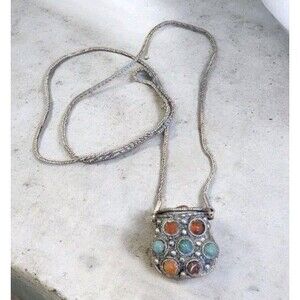 Vintage Small Brutalist Metal Coin Pill Purse Necklace Simi Precious Stones 32"